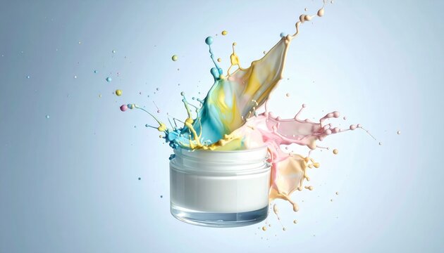 Colorful paint splash exploding from a glass jar.
