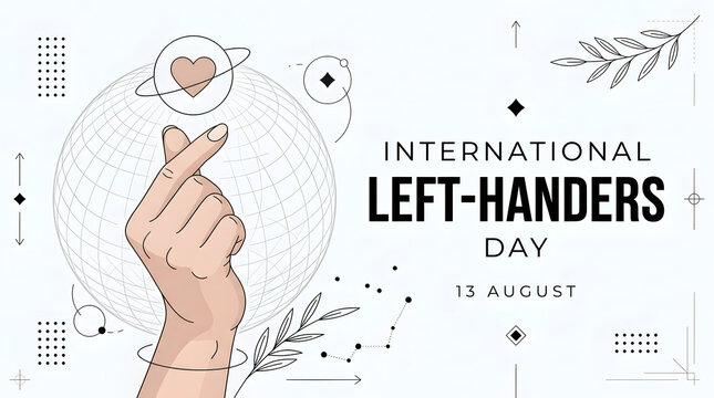 International left-handers day graphic design featuring heart finger gesture on light background