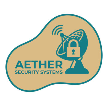 Aether Security Systems logo featuring a satellite dish with a lock symbol and signal waves.