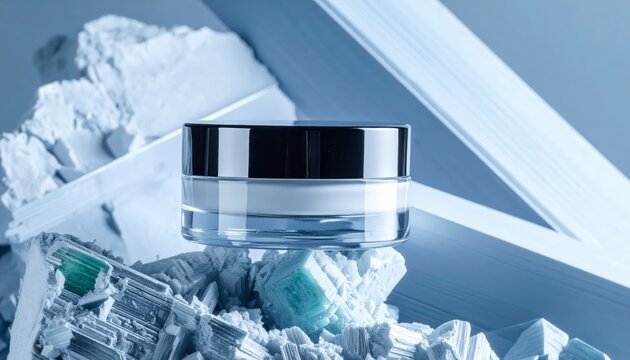 Modern Cosmetic Jar with Ice and Light Effects.