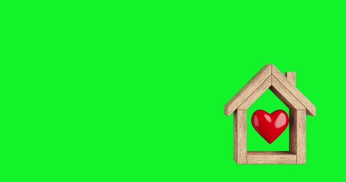 4k Resolution Video: Home Care Concept. Wooden House Frame With Red Heart Symbol Built Animation On Green Screen Chroma Key Background With Copy Space And Alpha Matte