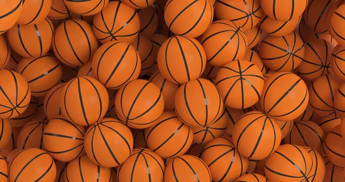 4k Resolution Video: Basketball Sports Concept. Animated Falling Orange Basketballs Forming Piles On Green Screen Chroma Key Background With Alpha Matte