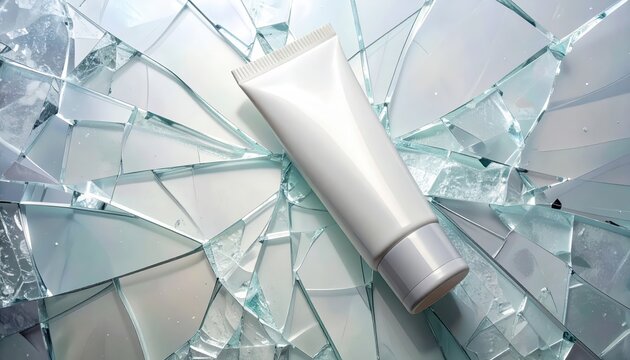 Silver Cosmetic Tube on Shattered Glass Background.