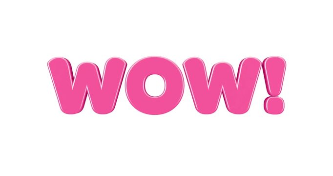 4k Resolution Video: Surprise And Excitement Concept. Glossy Pink Wow Text With Exclamation Mark And Rounded Bold Letters Animated On White Background With Alpha Matte