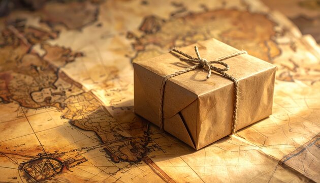 Vintage Gift Box on Old Map Background.
