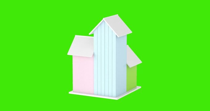 4k Resolution Video: Birdhouse Community Concept. Colorful Wooden Birdhouses With White Fence And Round Entrances Seamless Looped Rotating On Green Screen Chroma Key Background With Alpha Matte