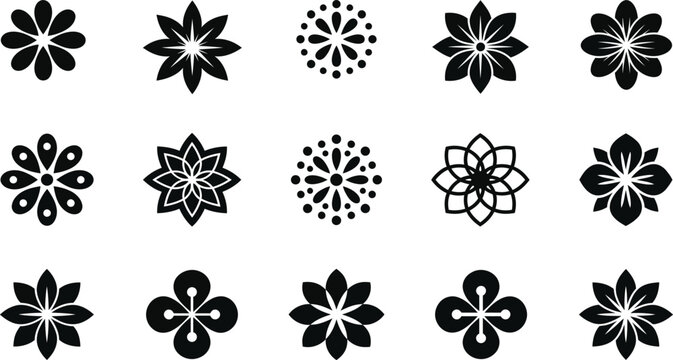 Fifteen black floral and minimalist flower silhouettes, collection of simple botanical shapes on a white background