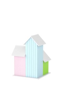 4k Resolution Vertical Video for Social Media: Birdhouse Community Concept. Colorful Wooden Birdhouses With White Fence And Round Entrances Seamless Looped Rotating On White 