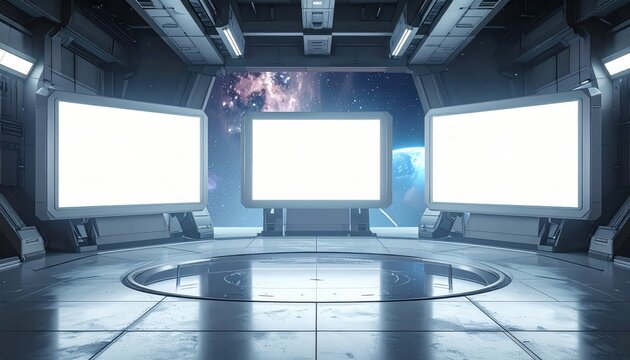Futuristic Control Room with Multiple Screens and High Tech Design.