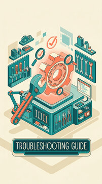 Isometric technical illustration of mechanical gears, tools, and workbench for "TROUBLESHOOTING GUIDE" manual cover