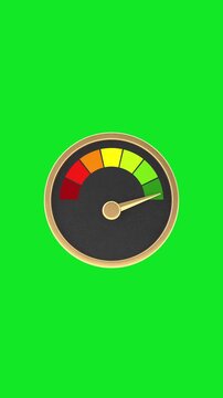 4k Resolution Vertical Video for Social Media: Performance Concept. Gold Framed Gauge With Colorful Risk Scale, Needle Animated Pointing From Red To Green Zone On Green Background With Alpha Matte