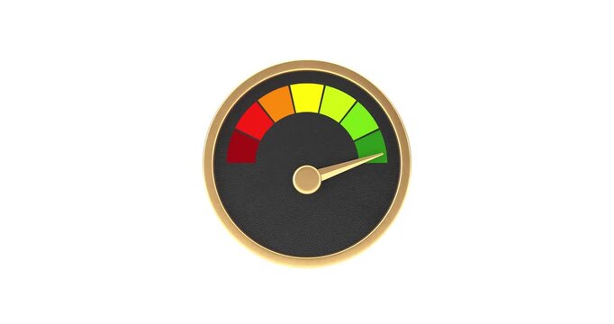 4k Resolution Video: Performance Measurement Concept. Gold Framed Gauge With Colorful Risk Scale, Needle Animated Pointing From Red To Green Zone On White Background With Alpha Matte