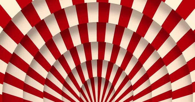 4k Resolution Video: Retro Carnival Pattern Concept. Red And Cream Radial Sunburst Seamless Loop Rotating With Concentric Target Rings, Bold Stripes And Vintage Depth