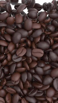 4k Resolution Vertical Video for Social Media: Coffee Energy Concept. Roasted Brown Coffee Beans Growth Animated On White Background With Alpha Matte