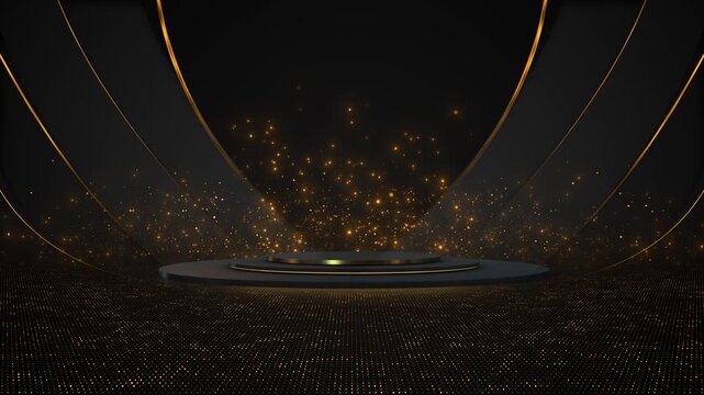 Black and gold luxury stage background curved arcs, dotted floor, glowing particles, empty podium space. award ceremony openers, product showcases, premium titles, event promos, glamorous presentation