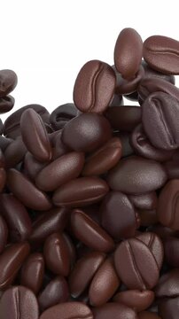 4k Resolution Vertical Video for Social Media: Coffee Roasting Concept. Animated Falling Brown Coffee Beans Forming A Pile On White Background
