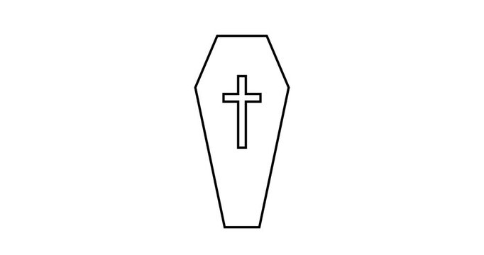 4k Resolution Video: Mortality, Funeral, Christian Faith, Remembrance, Grief And Afterlife Concept. Minimal Coffin Animated Outline With Cross Centered On White Background
