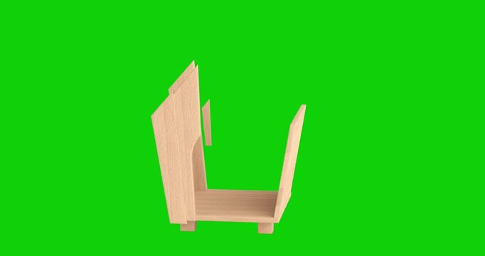 4k Resolution Video: Pet Shelter Concept. Wooden Dog House With Bone Sign, Arched Entrance And Pitched Roof Building Construction Progress Animated On Green Background With Alpha Matte