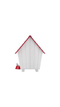 4k Resolution Vertical Video for Social Media: Pet Care Concept. White Wooden Dog House With Red Roof, Bone Sign And Food Bowl Seamless Looped Rotating On White Background With Alpha Matte