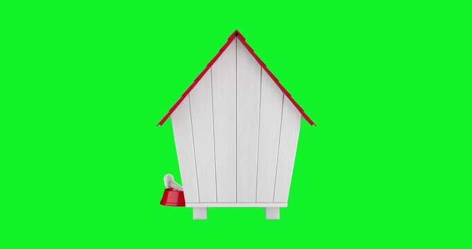 4k Resolution Video: Pet Care Concept. White Wooden Dog House With Red Roof, Bone Sign And Food Bowl Seamless Looped Rotating On Green Screen Chroma Key Background With Alpha Matte
