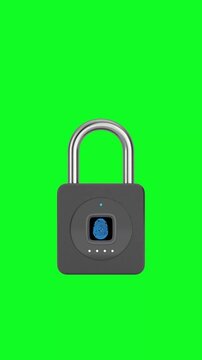 4k Resolution Vertical Video for Social Media: Biometric Access Security Concept. Animated Opening Black Smart Padlock With Blue Fingerprint Scanner On Green Background With Alpha Matte