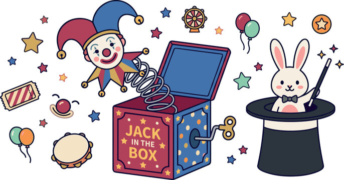 Circus and Magic Show Vector Set Featuring Jack in the Box Clown Rabbit in Hat Tambourine and Carnival Theme Elements for Kids Birthday Designs