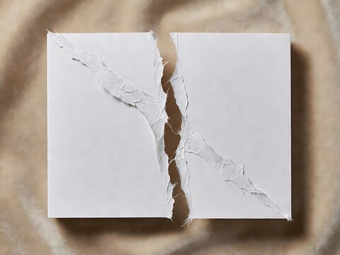 A single piece of thick white paper torn in half showing a dark gap between two separated parts