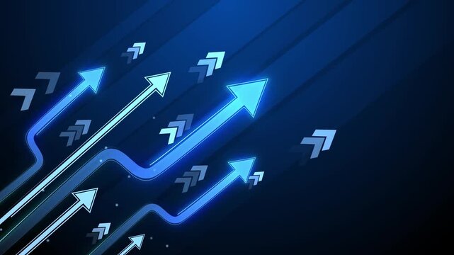 Abstract dark background with glowing arrows pointing upward growth progress and rising direction animation