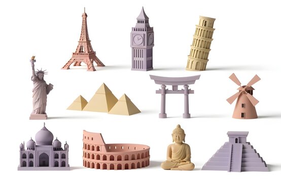 Colorful world landmarks and icons set illustration