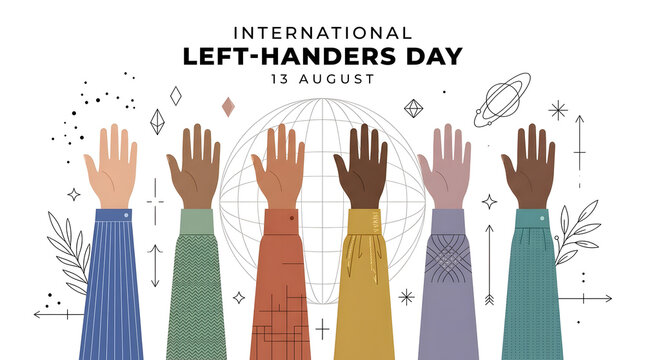International left-handers day graphic design with diverse raised hands and celestial elements