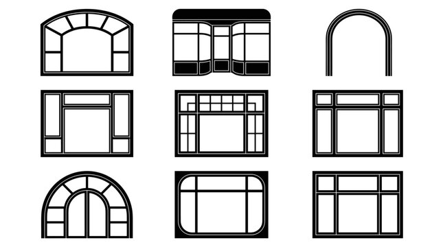 Set of architectural window frames in black line silhouette, various classic and modern styles, perfect for blueprints, house renovation design