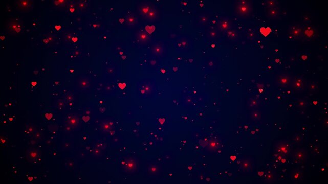 Romantic dark blue background floating red hearts, soft glow, dreamy depth love Valentine promos, wedding greetings, anniversary clips, social posts, romantic openers, affectionate message overlays.