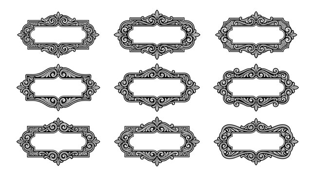 Set of nine ornate vintage decorative frames with intricate filigree scrolls, elegant border flourishes for invitation cards, monograms and labels
