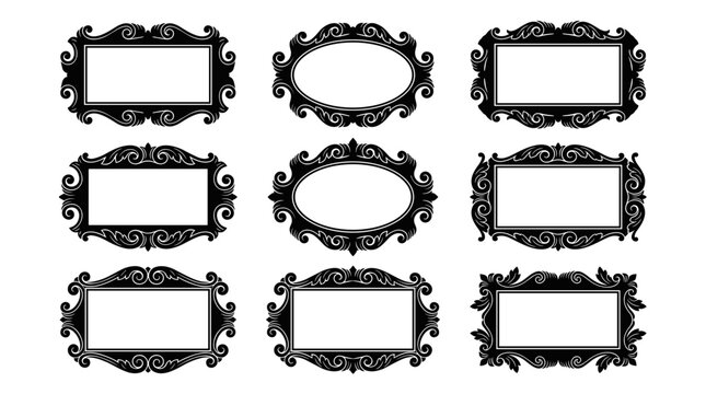 Set of ornate vintage decorative frames with intricate borders, black silhouette border elements for photo display and elegant typography layouts