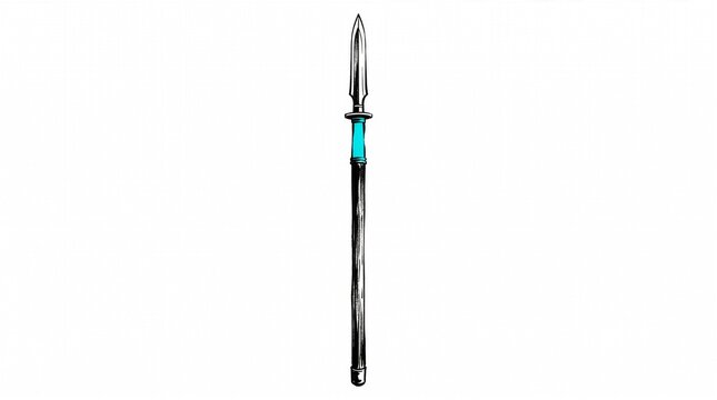 Illustration of a metal spear with a cyan accent on the handle