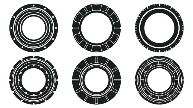 Set of six circular porthole frames featuring industrial metallic design, nautical borders, maritime motifs, round decorative window elements for