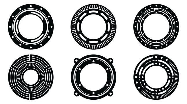 Set of black porthole frame vector icons featuring industrial circular shapes, nautical design elements, mechanical hatch windows, maritime style for