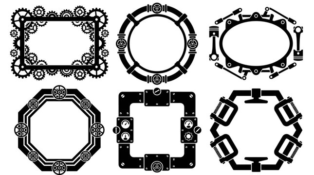 Set of six ornamental steampunk frames featuring gears, mechanical parts and industrial hardware, vintage Victorian style, perfect for ornate border
