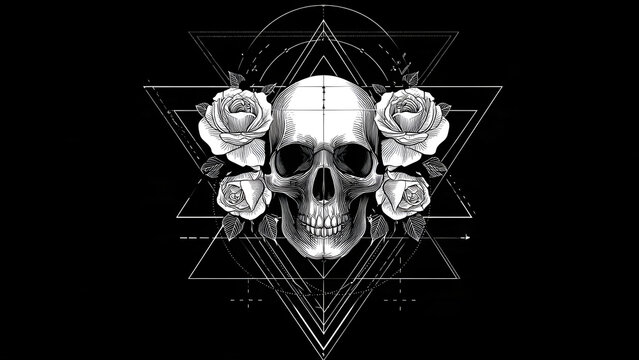 Intricate monochrome illustration of a human skull, adorned with blooming roses, interwoven with sacred geometric patterns, symbolizing profound cycles of existence and beauty