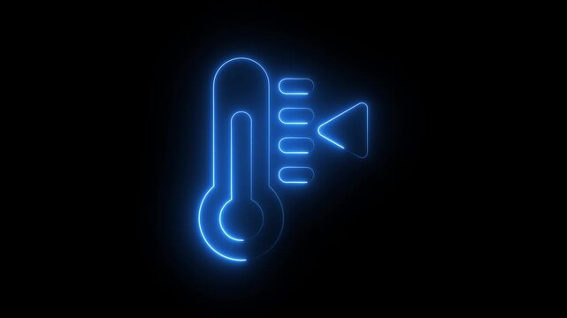Neon blue thermometer icon on black background