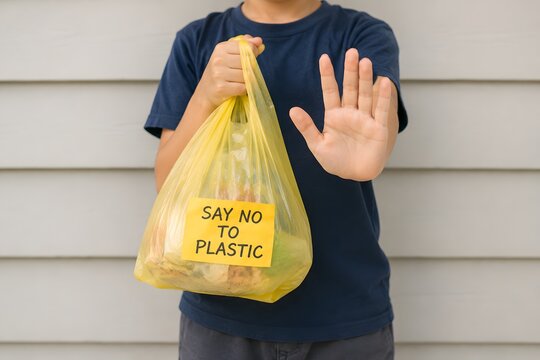 Person holding a yellow plastic bag with a sign saying say no to plastic and making a stop gesture to prevent pollution