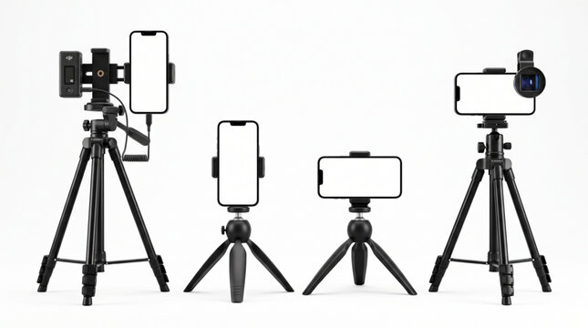 Professional Smartphone Vlogging Kit Mockup on Tripod with Blank Screen for Social Media Content Creation. iPhone Mobile Filmmaking Setup with Microphone and Lens for TikTok Reels and Live Stream Vide