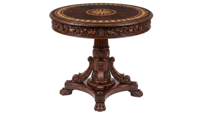 Elegant small antique round wooden side table with decorative intricate carved details isolated on transparent background