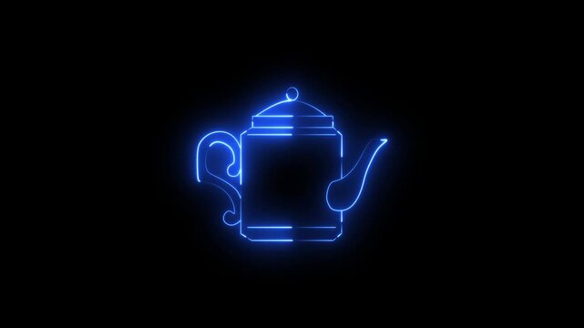 Glowing blue neon teapot icon on a dark black background