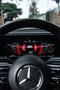 Mercedes-Benz GLE 450d Coupe digital instrument cluster behind steering wheel, Luxury SUV interior driver cabin