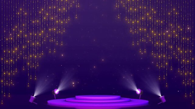 Purple luxury stage golden light curtains, glowing spot beams, round podium, starry dark space. award , gala intros, ceremony titles, product reveals, event screens, concert visuals, elegant motion