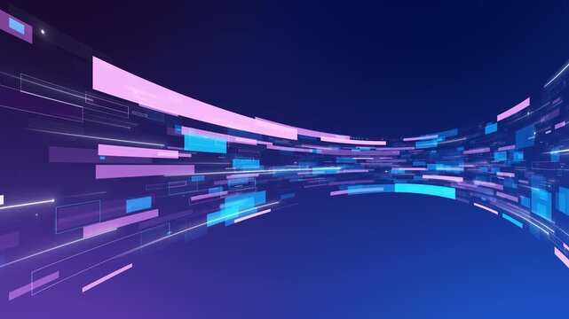 Digital motion tunnel flying rectangular panels, neon streaks, curved technology depth. for software intros, broadcast openers, app promos, futuristic transitions, music visuals, dynamic backgrounds.