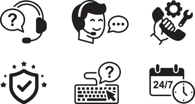 Six black and white customer support service icons set Vector