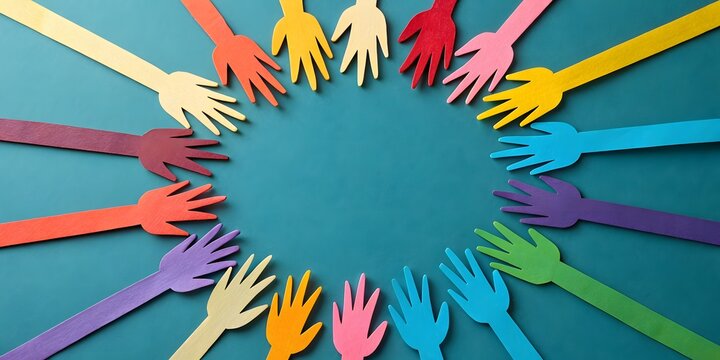Many colorful paper hands forming a circle on a blue background representing community and unity