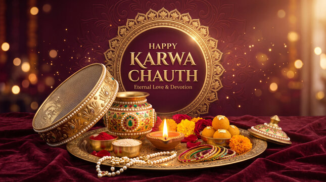Karwa Chauth Festival Puja Thali with Channi, Decorated Kalash, Diya and Traditional Ritual Items on Festive Background